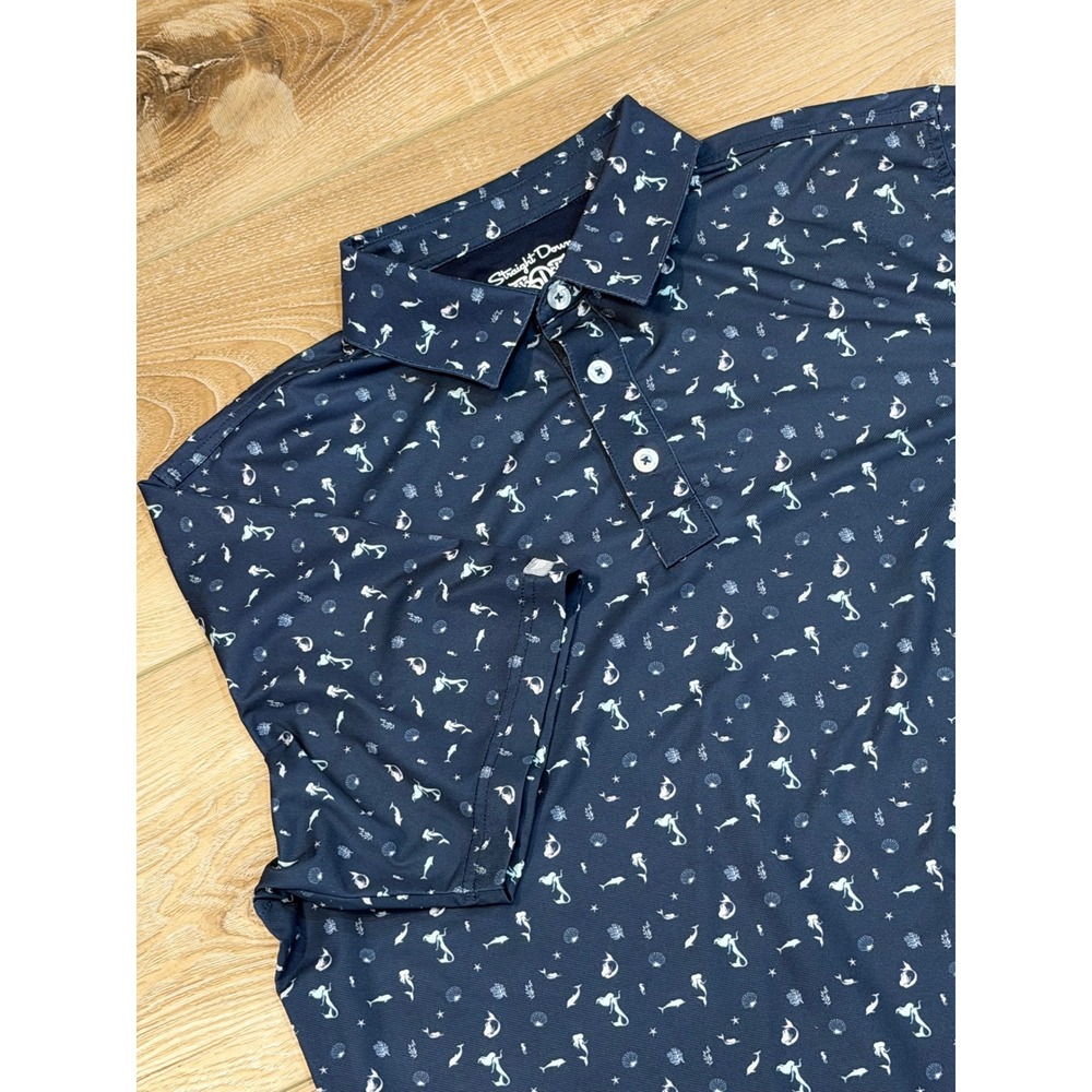 Straight Down Mens Navy Mermaid Sea Shell Print Performance Golf Polo Large